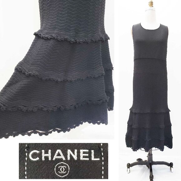 CHANEL 05P Womens Dress Black Knit Flapper Sleeveless Flared Skirt Back Button - Picture 1 of 16